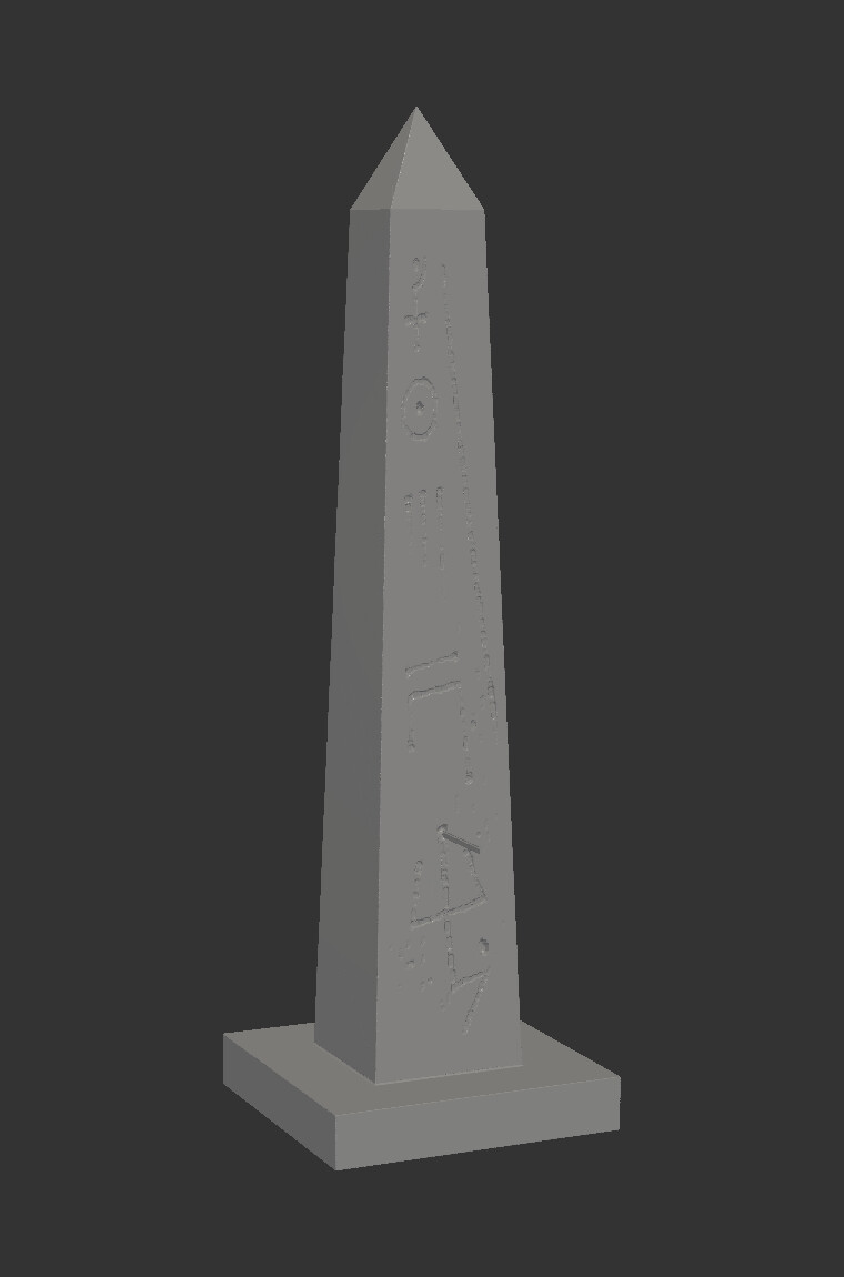 the obelisk model, hand-drawn sigils carved into the stone face