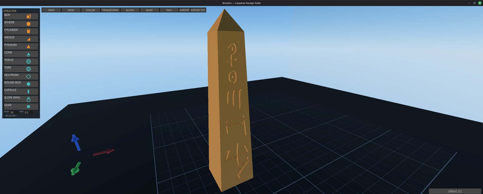 the Obelisk on the build plate in Structor, palette and toolbars around it