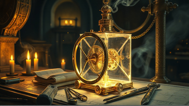 Antikythera — glowing gearworks in a glass case