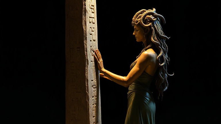 Gorgon — Medusa embracing a rune-carved obelisk, her gaze scanning the stone