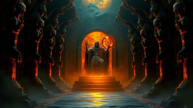 Hades — enthroned with a ring of glowing keys before rows of sleeping giants