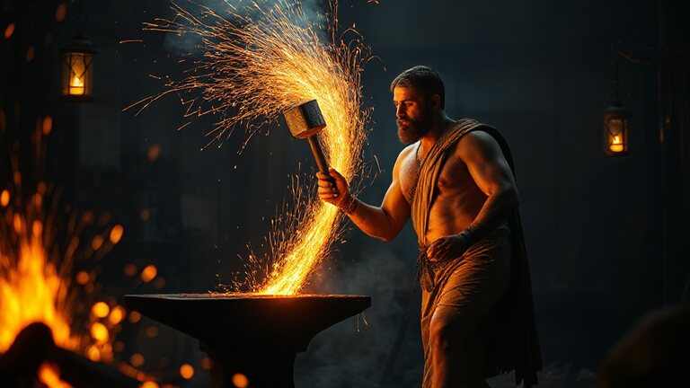 Hephaestus — the smith at his forge, sparks becoming toolpaths