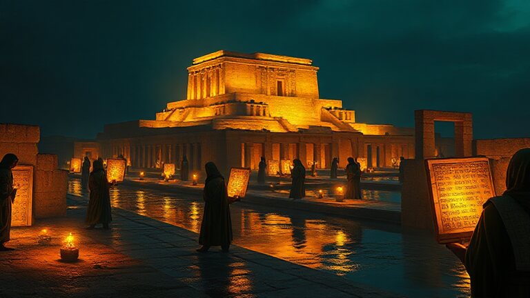 Kish — the lit ziggurat library, scribes carrying glowing tablets