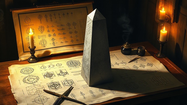 Structor — a blank stone obelisk on a drafting table of sigil studies, awaiting the designer's decision