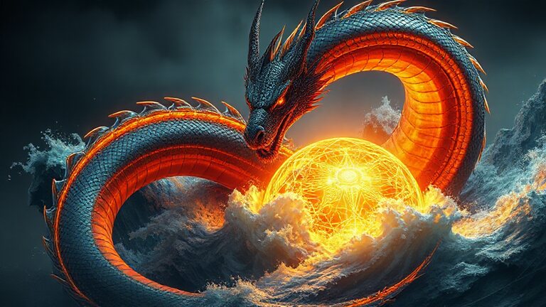 Tiamat — dragon of the deep coiled around a glowing core